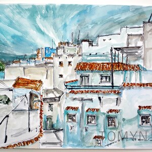 May include: Watercolor painting of a cityscape with buildings in shades of blue, white, and brown. The buildings have red tile roofs and are connected by power lines. The sky is a light blue with white clouds.