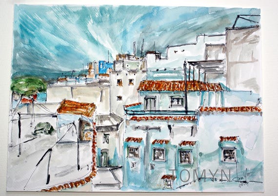MOROCCO. SHEFFAOENS  Blue City Watercolor. Moorish Architecture Art. Morocco Wall Art. Morocco Original Home Art. Morocco Gift Art.
