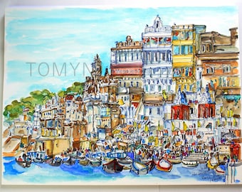 NEW! INDIA. VARANASI. Ganges River Art. India Original Watercolor.Uttar Pradesh. Varanasi Wall Art. India Painting. Indian Wall Art.