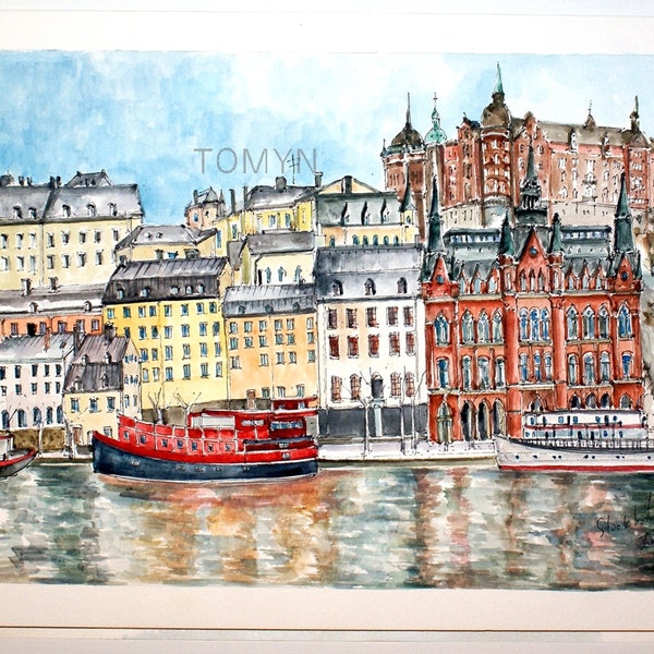 STOCKHOLM ORIGINAL.SWEDEN Wall Art. View Of The Old Town. Architecture in Sodermalm District of Stockholm. Watercolor Art Of Stockholm.