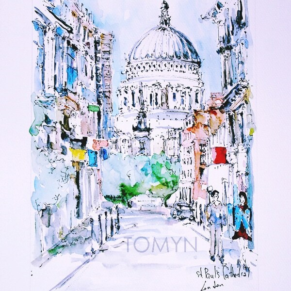 LONDON  St Paul's Cathedral. London  Watercolor Painting. London Wall Art. Church Of London. Fine Art London. England Painting.