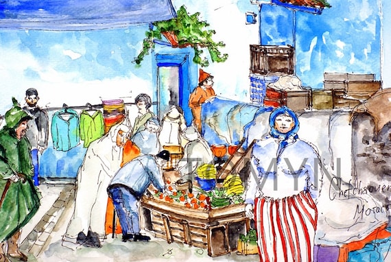 Marokko Aquarell Kunst Chefchaouen Nordwesten Marokko Etsy