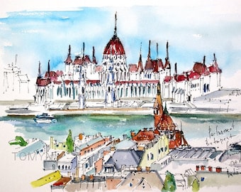 Edificio del Parlamento Budapest! Lado Buda. Budapest Art Print. Arte mural de Budapest. Hungría Home Art. Impresión de acuarela original