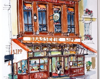 BRASSERIE LIPP. PARIS. Boulevard Saint-Germain. Cafe in Paris. Paris Wall Art. Paris Watercolor Art Print.  Parisian  Home Art.