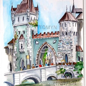 Vajdahunyad Castle Original Art. Budapest Watercolor Painting. Castles in Hungary. European Castle Art. Hungarian Architecture  Painting