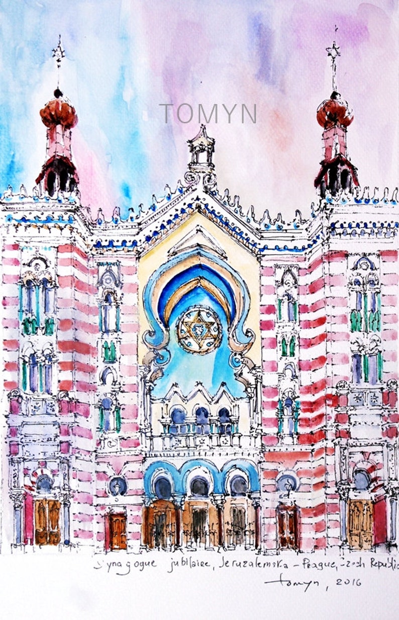 PRAGUE. JERUSALEM SYNAGOGUE. Jubilee Synagogue. Prague, Czech Republic. Prague Synagogue Wall Art. Original Watercolor Of Prague. image 1