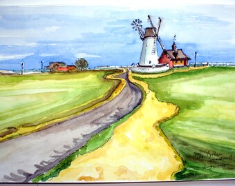 Lytham Windmill Watercolour.  Tower Mill in Lancashire, England. Lytham St Anne's Windmill Original Painting. United Kingdom Art.