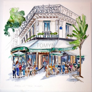 New!  PARIS CAFE  Les Deux Magots. Paris Cafe Original Watercolor. French Cafe Wall Decor. Paris Gift. Parisian Wall Art.