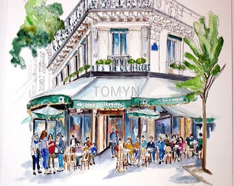 New!  PARIS CAFE  Les Deux Magots. Paris Cafe Original Watercolor. French Cafe Wall Decor. Paris Gift. Parisian Wall Art.