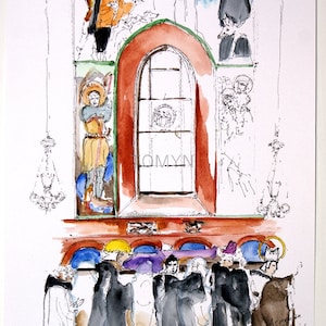 LVIV. The Armenian Cathedral. St. Odelone&#39;s Funeral. UKRAINE Original Watercolor. Lviv  Interior Church Art. Ukrainian Painting.