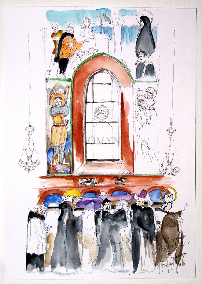 St UKRAINE Original Watercolor Odelone/'s Funeral The Armenian Cathedral Lviv Interior Church Art LVIV Ukrainian Painting.