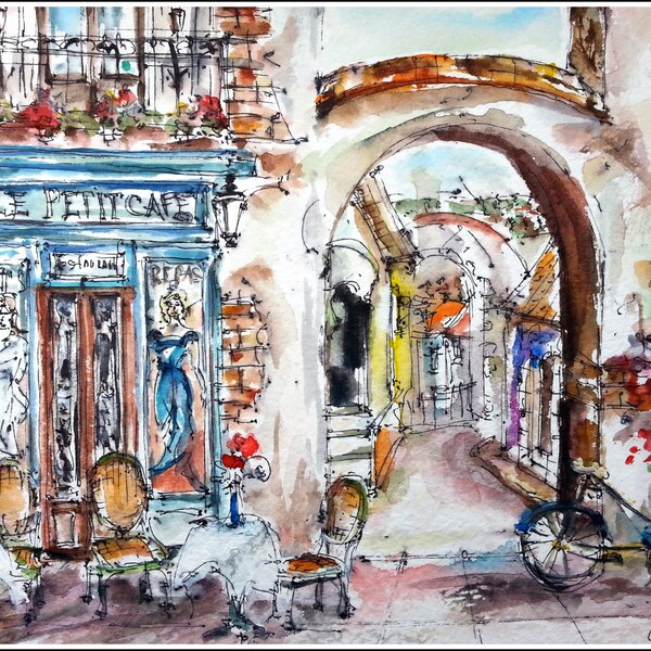 Le petit cafe. Streets of France. Pastel watercolor, framed (burgundy paspatru). Size 194 * 144mm.