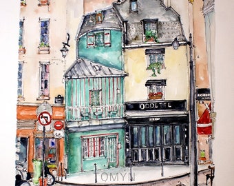 ODETTE   Restaurant PARIS, FRANCE. French Cafe Watercolor  Print.  Paris Wall Art. Parisian Home Art.