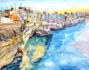 Puglia al Mare, Italy's Stunning Adriatic Coast Watercolour Print. The Best Seaside Towns in Italy Print.  Puglia Coast Print.