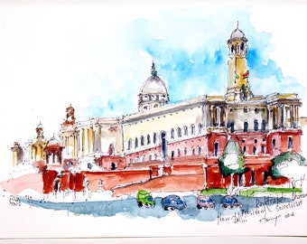 NEW DELHI. INDIA. Rashtrapati Bhavan. President's Secretariat of India. Government Buildings in Delhi. Delhi Original Art. Delhi Watercolor