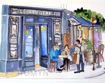 Le Bon Georges. Paris Café Watercolour. Paris Bistro Art. Paris Original Art. Paris Wall Art. Paris Restaurant Painting. Paris Gift Art
