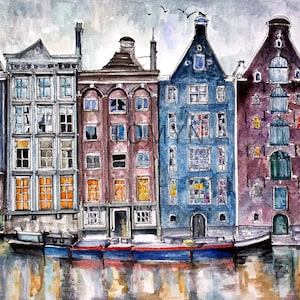 OLD AMSTERDAM Art PRINT. Dutch Houses Wall Art. Amsterdam City Art Print.  Netherlands Artwork. Amsterdam Canal  Views Print.