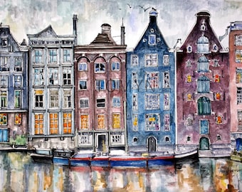 LÁMINA ARTÍSTICA DE ANTIGUA ÁMSTERDAM. Arte mural de casas holandesas. Lámina artística de la ciudad de Ámsterdam. Obra de arte de los Países Bajos. Lámina con vistas del canal de Ámsterdam.