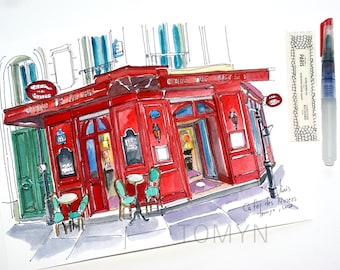 Café des Musées,  Authentic Parisian Bistro. Traditional French Bistro in Le Marais, Paris. Original Watercolour Painting.