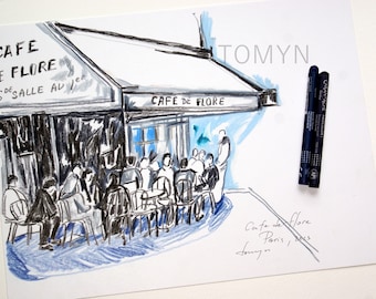 CAFE De FLORE PARIS. Boulevard St Germain. French Wall Art, Paris Original Sketch, Parisian Cafe Wall Art. Paris Wax Pastel Sketch Art.
