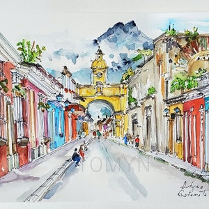ANTIGUA GUATEMALA Kunstdruck. Altstadt von Guatemala Print. Spanische Architektur Druck. Vulkan Deagua. Hauptstadt des Königreichs Guatemala Print.