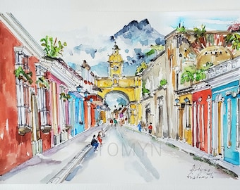 ANTIGUA GUATEMALA Art Print. Old Town Guatemala Print. Spanish Architecture Print. Volcan Deagua. Capital of the Kingdom of Guatemala Print.