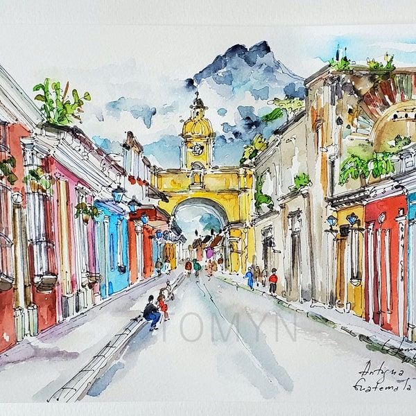 ANTIGUA GUATEMALA Art Print. Old Town Guatemala Print. Spanish Architecture Print. Volcan Deagua. Capital of the Kingdom of Guatemala Print.