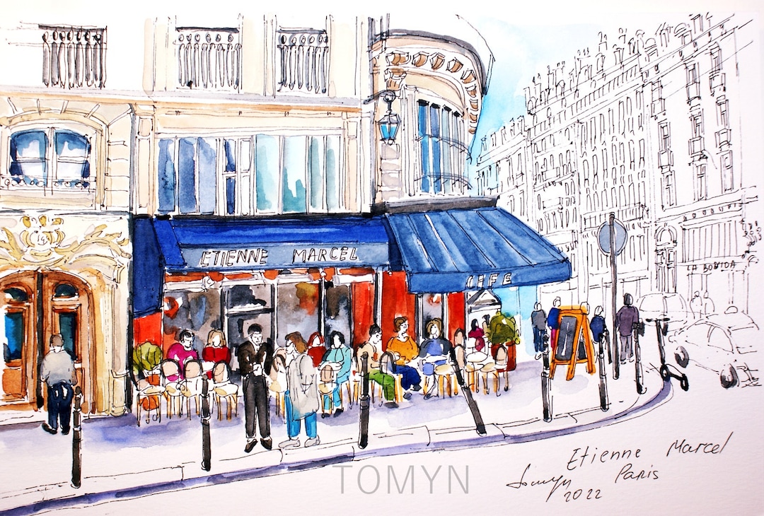 PARIS CAFE WATERCOLOR. Original Painting Restaurant Paris. Etienne