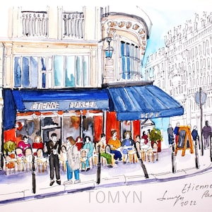 PARIS CAFE WATERCOLOR. Original Painting Restaurant Paris. Etienne Marcel French Café Art. Parisian Wall Art. Paris Gift Home Art.