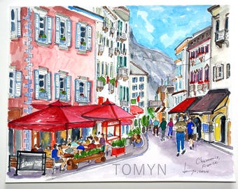Cafe in Chamonix town center. Chamonix Mont Blanc Watercolor Painting. Chamonix Original Art. France Wall Art.