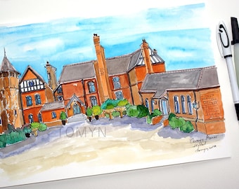 Careys Manor Hotel & SenSpa | Country House Hotel Original Watercolour. Elegant Spa in Hampshire. Hotel Painting.