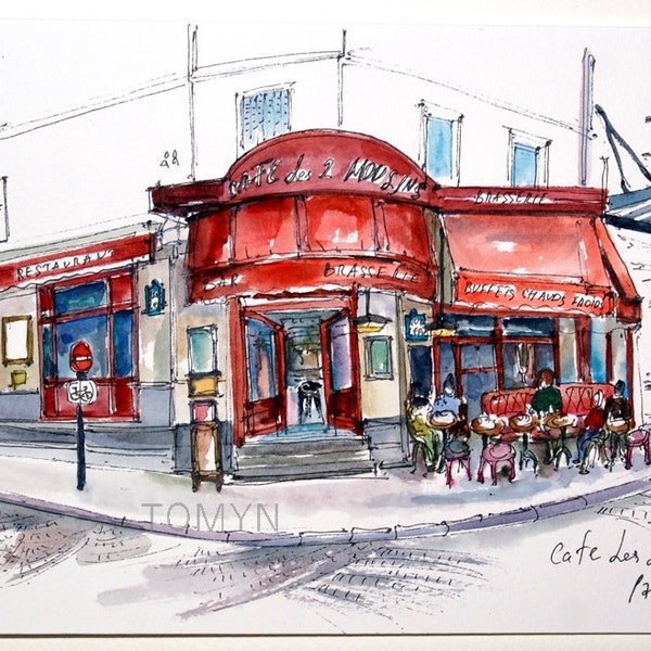 CAFE Des 2 MOULINS PARIS. Paris Watercolor Painting, Parisian Home Decor, Amélie  Montmartre. Paris Original Art. Paris Cafe Sketch.