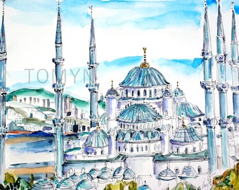 タンクット・ビルゲ作「ブルーモスク」　原画　水彩画 タンクット・ビルゲ作「ブルーモスク」 原画 水彩画