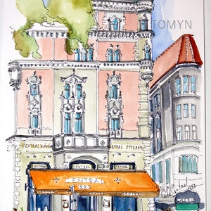 Café CENTRAL 1887. BUDAPEST Original Painting. Oldest Restaurants and Cafes in Pest. Original Watercolor Of Budapest. Hungary Wall Art.