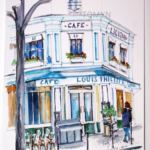 LOUIS PHILIPPE PARIS. Original Watercolor Cafe  Painting. Paris  Wall Art. Parisian Painting. Paris Home Art.