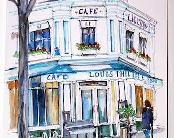 LOUIS PHILIPPE PARIS. Original Watercolor Cafe  Painting. Paris  Wall Art. Parisian Painting. Paris Home Art.