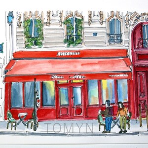 May include: Watercolor painting of a Parisian restaurant with a red awning and storefront. The word "Ristorante" is visible on the awning. Two people stand outside the restaurant. The artwork includes street signs and architectural details.