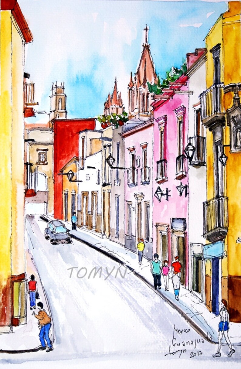 Guanajuato Mexico View from San Miguel de Allende Original watercolor painting.