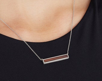 Wood and Silver Bar Necklace - Engravable Wood Jewelry - Delicate Wood and Silver Pendant - Wood Anniversary - Custom Wood Gift -