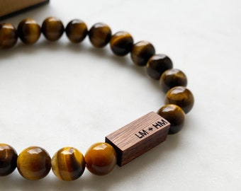 5th Anniversary Gift for Men - Engravable Wood Tiger's Eye Bracelet  - Personalized Wood Anniversary Gift - Men's Wood Gift