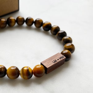 5th Anniversary Gift for Men Engravable Wood Tiger's Eye Bracelet Personalized Wood Anniversary Gift Men's Wood Gift image 1