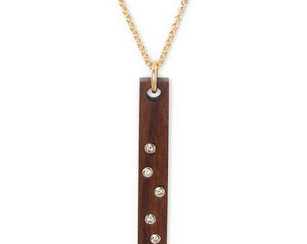 5 Diamond Wood Necklace - 5th Wedding Anniversary Jewellery Gift for Wife - Traditional 5 Year Wooden Gift for Her