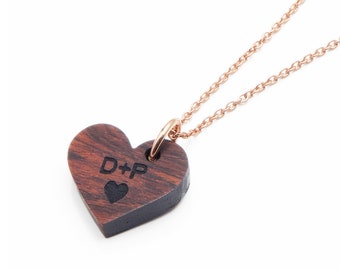 Engravable Wood Heart with 14k Rose Gold - 5th Anniversary - Rose Gold Wooden Heart Necklace - Wood Anniversary Gift - Wood Gift For Her