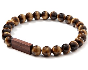 5th Anniversary Gift for Him Wood - Tiger's Eye and Wood Bracelet - Wood Anniversary Gift for Husband Boyfriend