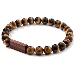 5th Anniversary Gift for Him Wood - Tiger's Eye and Wood Bracelet - Wood Anniversary Gift for Husband Boyfriend