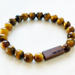 5th Anniversary Gift for Men Engravable Wood Tiger's Eye Bracelet Personalized Wood Anniversary Gift Men's Wood Gift image 4