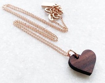 Wood and Rose Gold Heart - 5th Anniversary Gift For Her - Rose Gold Wooden Heart Necklace - Wood Anniversary Gift - Wood Gift For Her