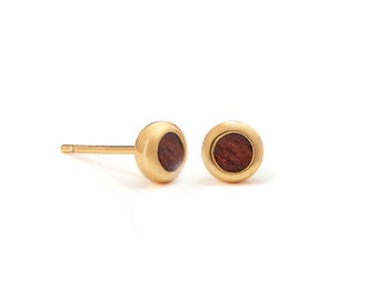 Wood and Gold Round Stud Earring - Wood Jewelry - Wood Anniversary - Wood Earring - Wood Gift For Her - Wood and Gold Sphere Stud