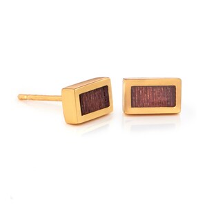 May include: A pair of gold-toned stud earrings with a rectangular shape. The earrings have a brown wood inlay.