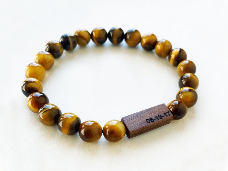 5th Anniversary Gift for Men Engravable Wood Tiger's Eye Bracelet Personalized Wood Anniversary Gift Men's Wood Gift image 4